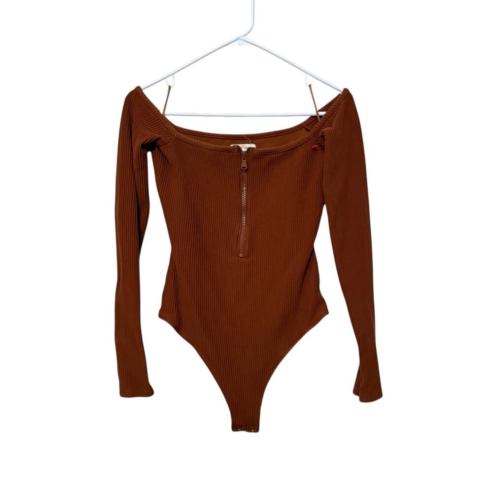 Good American‎ Long Sleeve Ribbed Bodysuit Women 2/M Brown Stretch Boho Casual
